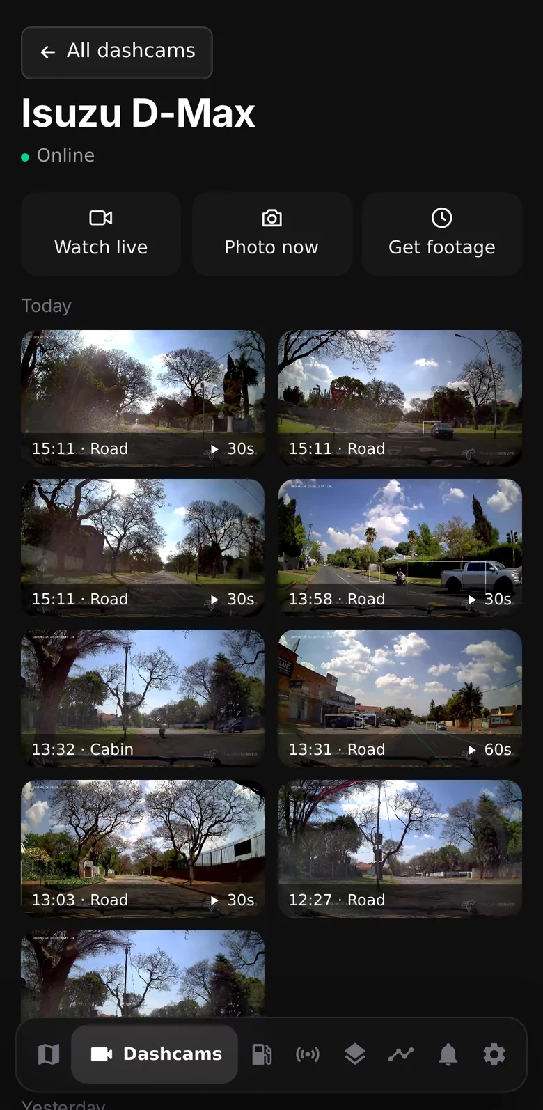 Trackerserver — a dashcam's photos and clips in the fleet app