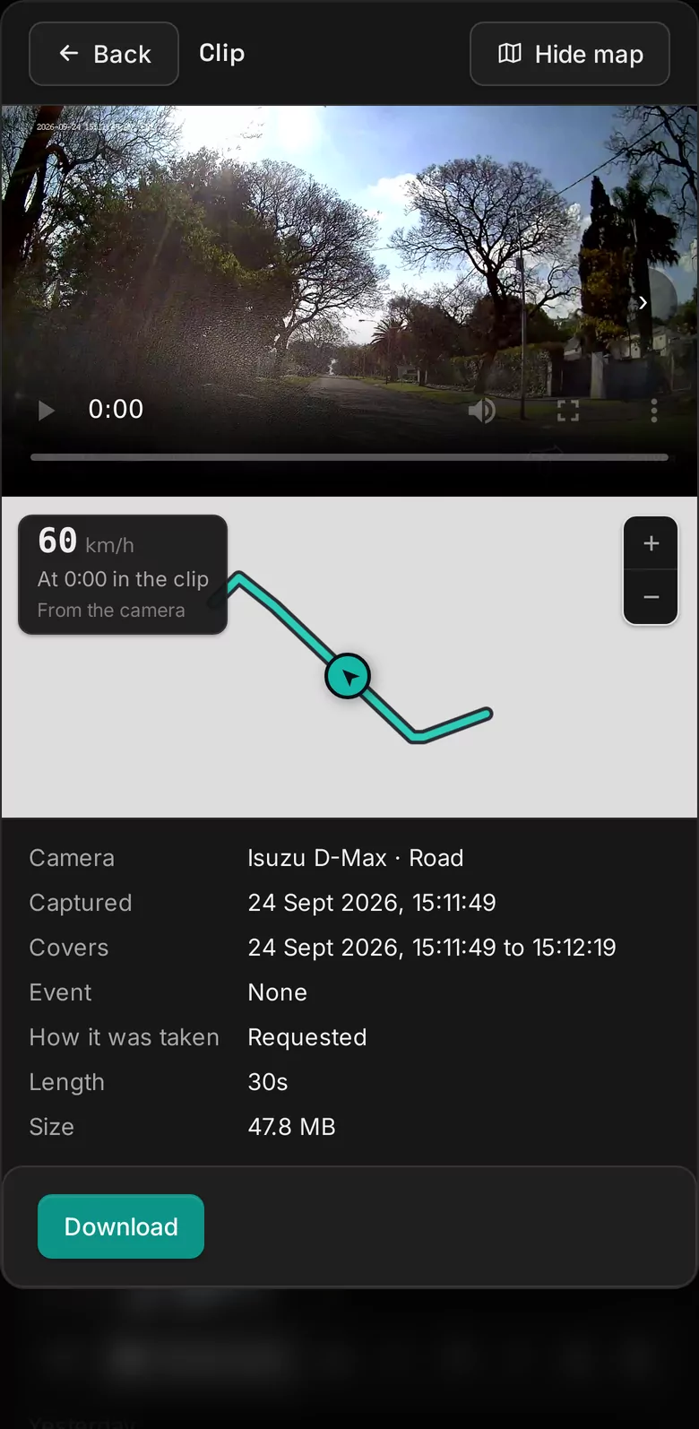 Trackerserver — a clip and the vehicle's route in the fleet app