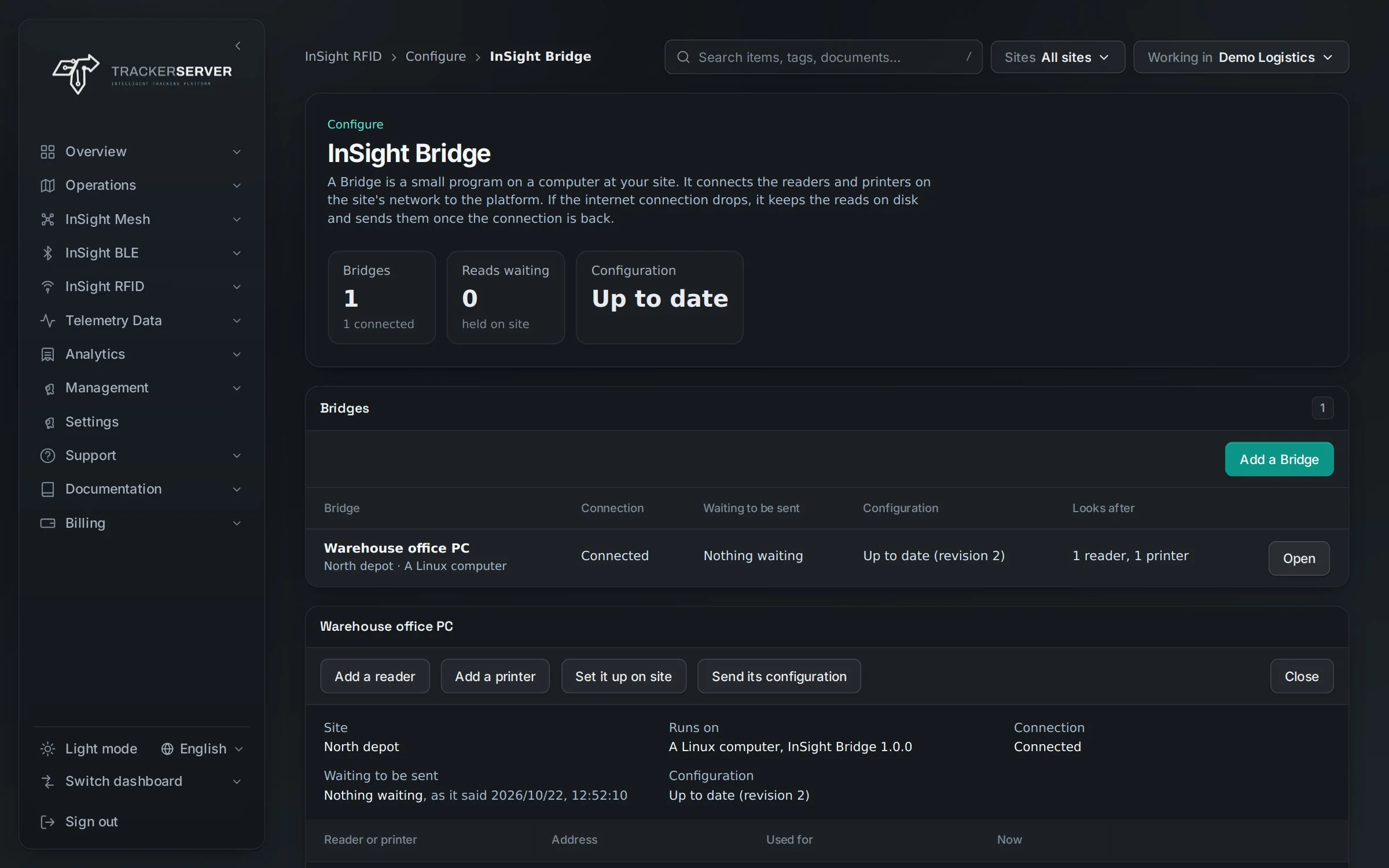 Trackerserver — InSight RFID, a Bridge on a warehouse office computer, connected