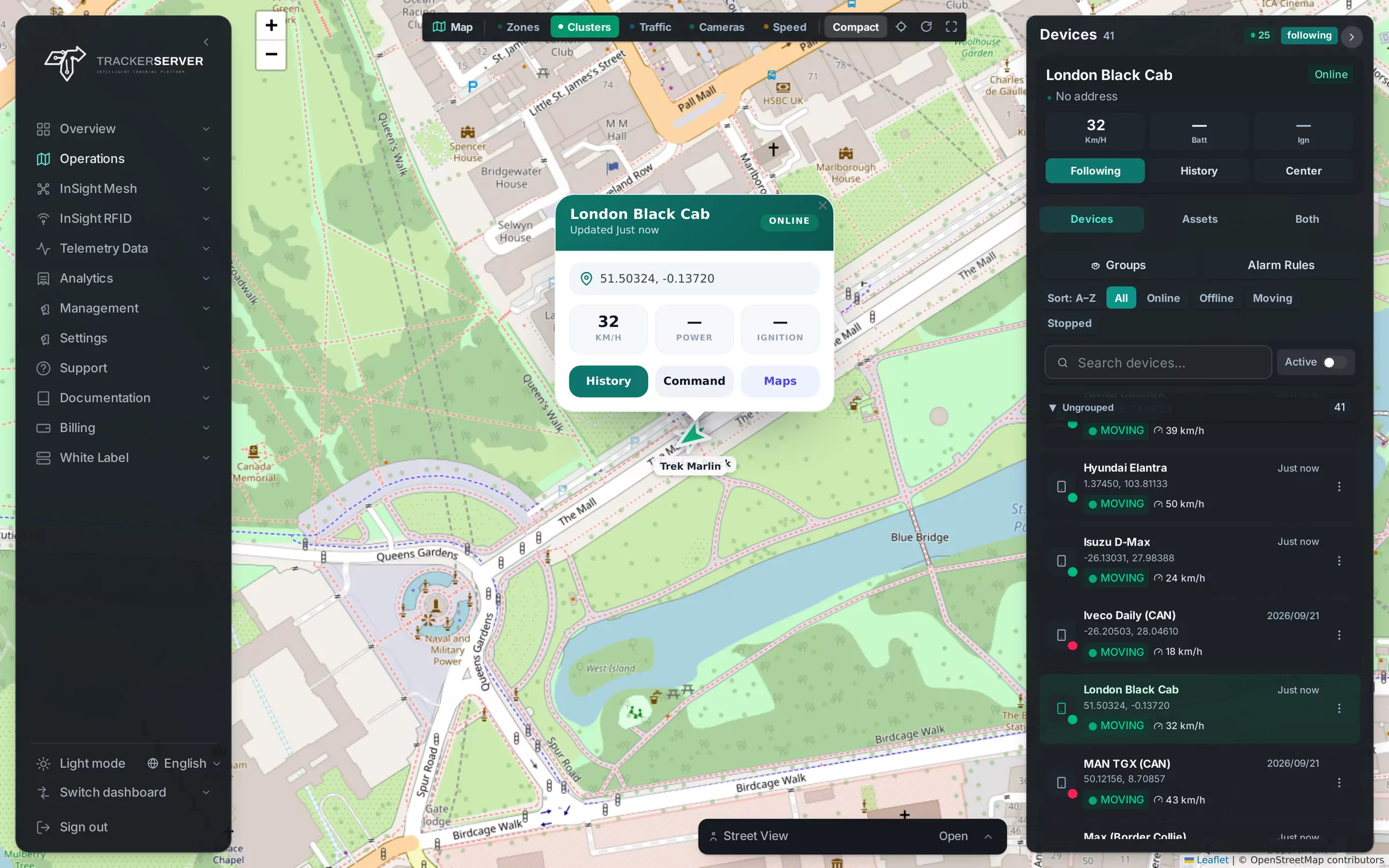 Trackerserver — the live map with a vehicle selected