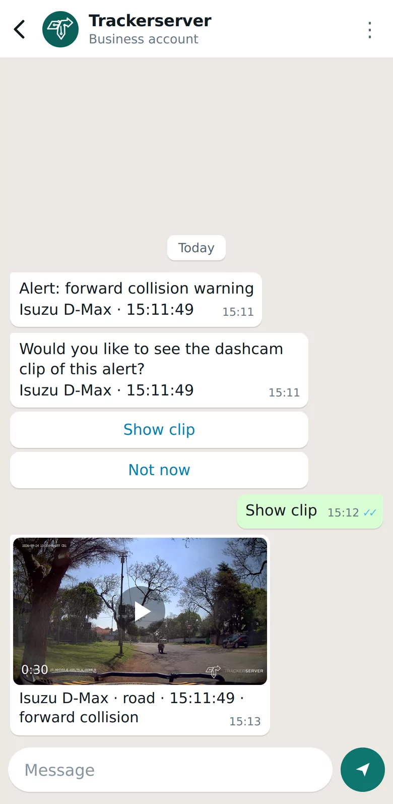 Trackerserver — a dashcam alarm with its clip on WhatsApp