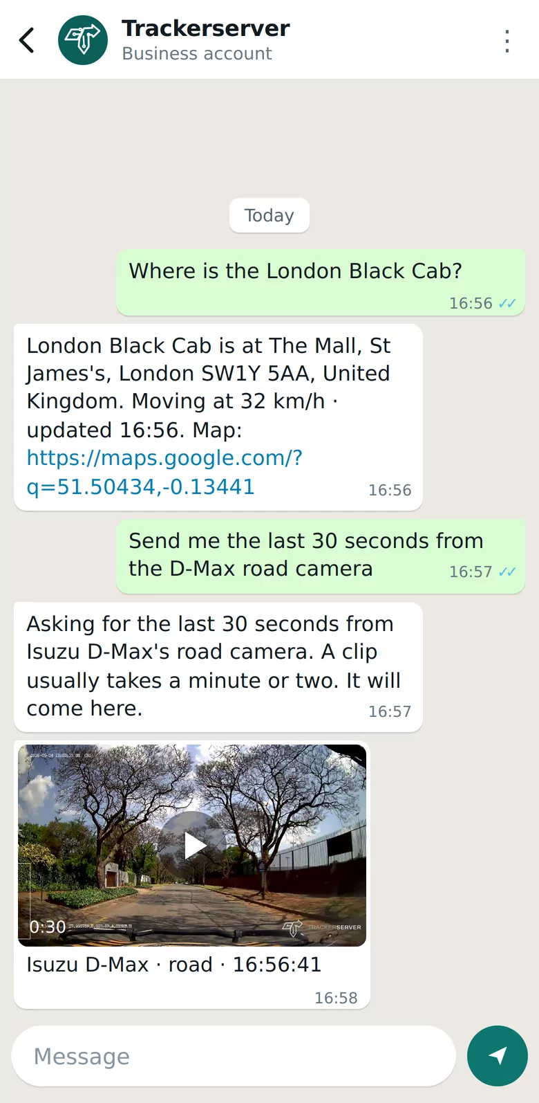 Trackerserver — a location and a dashcam clip on WhatsApp